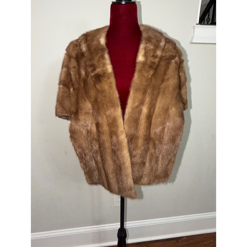 Vintage Genuine Mink Fur Stole Honey Brown Wrap Monogrammed Satin Lining